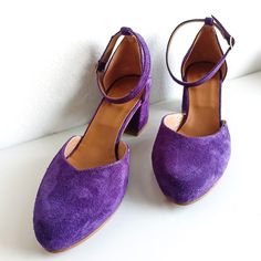 Purple Suede Pumps Ballerinas Pumps With Ankle Strap Purple - Etsy Purple Heels With Heel Strap And Round Toe, Purple Closed Toe Heels With Heel Strap, Purple Closed Toe Heels With Strap, Purple Low Heel Heels With Heel Strap, Purple Low Heel Shoes With Strap, Soft Dramatic, Ballerina Pumps, Mid Heel Shoes, Suede Leather Shoes