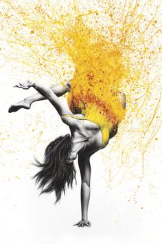 a painting of a woman doing a handstand with yellow paint splatters all over her body