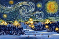 the starry night painting shows people skating on snow