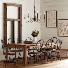 A rustic iron and barnwood finish give this antique-style chandelier a vintage farmhouse look. Adjustable-height chandelier works best for ceilings up to fourteen-feet high. Replace outdated kitchen or dining room lighting with our unique barnwood finish for a minimalist-modern farmhouse makeover. Eco-friendly 4W LED bulb included. Takes 6 bulbs and compatible with TYPE "B" 40W or CFL 13W or LED 9W. Color Temperature: 2700K. CRI: 80. Before clean Style Toscan, Joanna Gaines House, Magnolia Home Decor, Farmhouse Dining Table, Magnolia Homes, Joanna Gaines, Farmhouse Dining, Ikea Hacks