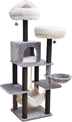 the cat tree is made from grey and black materials