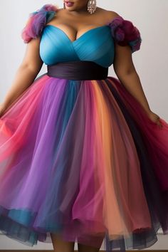 Xpluswear Design Plus Size Prom Elegant Multicolor Gradient Wrap Neck Tulle Midi Dresses [Pre-Order] Plus Size Special Occasion Outfits, Plus Size Gala Dress, Occassion Dress, Outfits Back To School, Diy Dresses, Prom Elegant, Evening Midi Dress, Tulle Dresses, Tail Dress