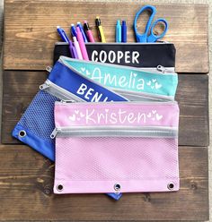 Personalized Kids Pencil Case, Pencil Case for Kids, Girls Pencil Case, Personalized Kids Pencil Pouch, Boys Pencil Case, Back to School These personalized pencil bags make such a cute gift for any occasion and just in time for back to school shopping!  Lots of pencils, markers and crafty supplies can fit in these!   These make great gifts for birthdays, party favors, back to school, school supplies, .... and so much more! ♥ SPECIFICS: These are cute zippered binder pouches with mesh pockets Eac Back To School Purple Pencil Case With Pen Holders, Playful Pencil Case With Pen Slots For School, Pink School Organizers With Pen Slots, Pink School Organizer With Pen Slots, Playful School Pencil Case With Pen Slots, Pink Pencil Organizer With Pen Holders, Pink Zipper Pouch Organizer For School, Purple Pencil Case With Pen Holders For School, Pink Pencil Case With Zipper Pouch For Organization