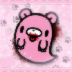 a pink teddy bear with blood on it's face and eyes, sitting in front of a pink background