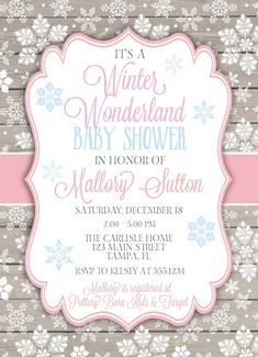 the winter wonderland baby shower is shown in pink and gray with snowflakes on it