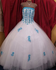 Fitted White Quinceanera Dress For Prom, Fitted White Ball Gown Quinceanera Dress, White Fitted Ball Gown For Quinceanera, Fitted White Quinceanera Dress, Fitted White Dress For Quinceanera, White Fitted Dress For Quinceanera, White Embellished Dress For Quinceanera, Blue Embellished Fitted Quinceanera Dress, Blue Ball Gown With Lace Bodice For Debutante Ball