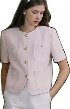 Elegant Short Sleeve Outerwear For Fall, Elegant Short Sleeve Fall Outerwear, Elegant Tailored Short Sleeve Outerwear, Tailored Short Sleeve Elegant Outerwear, Elegant Short Sleeve Blazer With Buttons, Half Sleeves, Pink