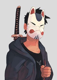 an anime character with a mask on holding a knife in one hand and wearing a hoodie