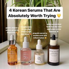 KOREAN SERUMS THAT ARE WORTH TRYING THIS YEAR 🌸  ✨ Jumiso All Day Vitamin Brightening & Balancing Serum: this is probably one of their most popular products! it’s got vitamin tree extract, niacinamide and cica & is really a great gentle option for everyday use. it’s a water-gel serum and will make your skin appear bright. i love that it also hydrates the skin and leaves it feeling fresh & plump.  ✨ Anua Peach Niacin Serum: A recent obsession! I didn’t expect to love it as much as I do but this is really a keeper. If you’re struggling with dull skin, this is a fantastic option to try. I love that it contains only 5% niacinamide so it’s good for all skin types. It has helped reduce the appearance of my pores as well!  ✨ Beauty of Joseon Propolis Serum: If you’re someone who struggles with s Korean Niacinamide Serum, Popular Korean Skincare Products, Anua Serum Peach, Beauty Of Joseon Serums, Best Korean Serum, Propolis Serum, Beauty Of Joseon Serum, Jumiso All Day Vitamin, Korean Serums