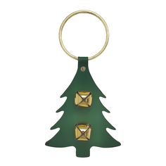 a christmas tree shaped keychain with two bells