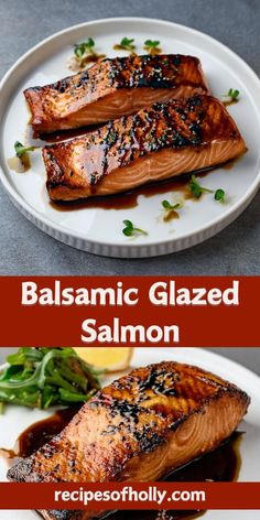 two plates with salmon and green beans on them, one is cooked in balsamic glaze