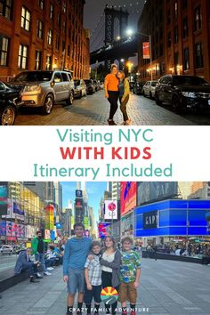 The Top image shows a mother and daughter on a Brooklyn street with the Brooklyn Bridge in the background, The bottom shows 4 kids in Times Square. New York City With Kids, Visiting New York City, Great Places To Travel, Visiting New York, New York Cityscape, Nyc With Kids, Visit New York City, Ultimate Bucket List, Travel Bucket List Usa