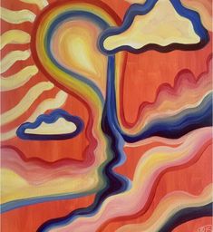 an abstract painting with different colors and shapes in the sky, including clouds, water, and trees