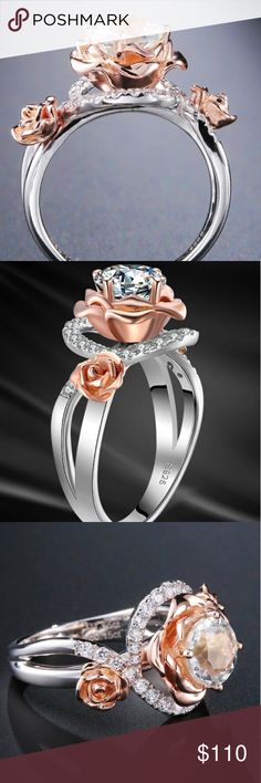 NWOT Rose 1 Karat Topaz Ring Size 7 An absolutely gorgeous ring that will receive many compliments. The topaz is a natural topaz that is one karat.  The Rose's are rose gold plated over 925 silver. An exquisite ring that you will fall in love with. Jewelry Rings Elegant Silver Rings With Rose Design, White Gold Jewelry With Rose Design For Anniversary, White Gold Rose Design Jewelry For Anniversary, Silver Diamond Jewelry With Rose Design, Silver Rings With Rose Design For Formal Occasions, Silver Rose Design Jewelry For Promise Ring, Gorgeous Ring, Topaz Ring, Ring Size 7