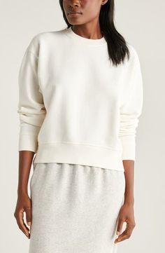 Zella Cloud Fleece Sweatshirt | Nordstrom Solid French Terry Sweats For Everyday, Everyday Athleisure Sweatshirt With Ribbed Cuffs, Relaxed Fit Fleece Sweatshirt With Ribbed Cuffs, White Long Sleeve Sweatshirt With Ribbed Waistband, Everyday Cotton Tops With Ribbed Waistband, Cotton Tops With Ribbed Waistband, Everyday Fleece Athleisure Tops, Cotton Sweatshirt With Elastic Cuffs For Loungewear, Basic Cozy Fit Sweatshirt For Everyday