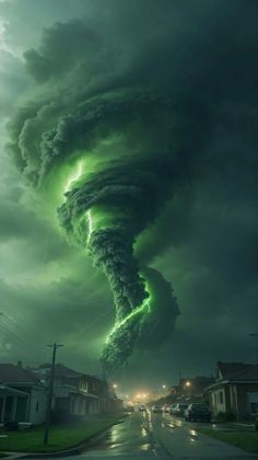 a very large tornado is coming out of the sky with green lights on it's side