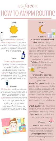 😵 Overwhelmed enough as it is with Korean skincare routines without having to think about changing up your Day & Night routines?! Don't be! Our go-to guide on How To AM/PM Routine makes it easy for you! We show you the slight differences to consider in these two routines, side by side 🌞🌜 For more in depth information about day and night routines, see our blog Am Pm Routine, Routine Day, Pm Routine, Night Routines, Korean 10 Step Skin Care, Korean Beauty Tips, Night Skin Care Routine, Skincare Routines