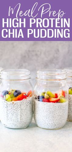 three jars filled with chia pudding sitting on top of a counter next to each other