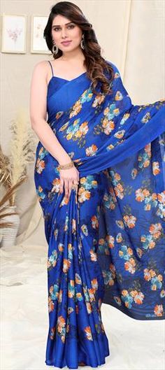 Blue color Saree in Chiffon fabric with Floral, Printed work Elegant Blue Dupatta With Digital Print, Bollywood Style Blue Floral Saree, Blue Bollywood Saree For Summer, Bollywood Style Blue Saree For Summer, Festive Blue Floral Print Dupatta, Blue Georgette Saree For Party, Summer Blue Saree With Pallu, Bollywood Style Blue Dupatta With Digital Print, Bollywood Style Blue Digital Print Dupatta