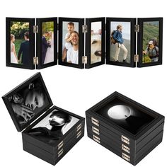 an open black box with four pictures in it and the lid opened to show two people