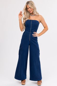 Cargo Jumpsuit, Flying Tomato, Dark Denim, Smocking, Zip Ups, Wide Leg, Jumpsuit, How To Wear, Clothes