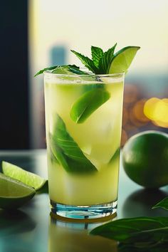 a drink with limes and mint on the table