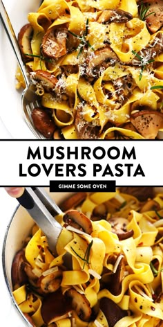 mushroom lovers pasta in a white bowl with the title above it, mushrooms lover pasta