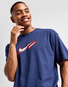 Take cues from classic court style with this men's LeBron James T-Shirt from Nike. In a Midnight Navy colourway, this tee is made with soft, lightweight cotton for lasting comfort. It features a ribbed crew neckline and short sleeves for an easy everyday feel, with a roomy fit for a laidback vibe. Finished with LeBron James x Nike detailing throughout. Machine washable. | Our model is 6'0" with a 39" chest and wears a size medium. Nike Lebron, Blue Nike, Midnight Navy, Jd Sports, Lebron James, Crew Neckline, Short Sleeves, Size Medium, Nike