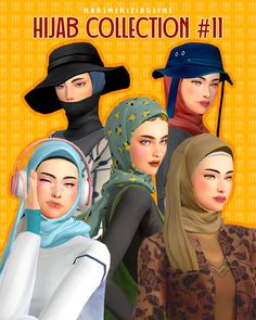 four women wearing headscarves and hijab in front of an orange background