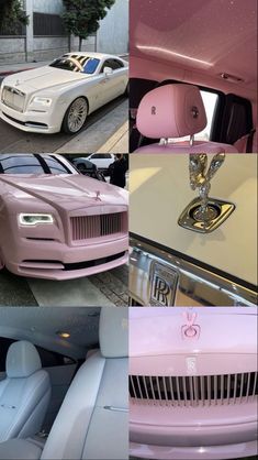 pink and white rolls royces are shown in this collage