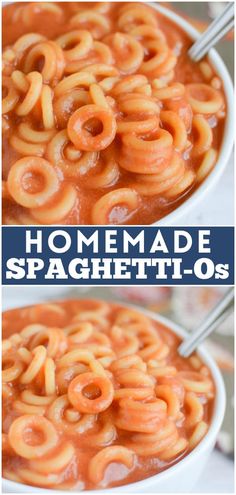 homemade spaghetti - o's in a white bowl with text overlay