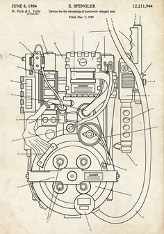 an old drawing of a car engine with parts labeled in the diagram below it,