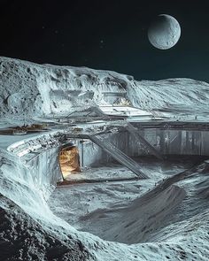 an artist's rendering of a space station on the surface of the moon, with mountains in the background