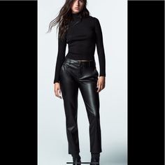 Zara Faux Leather Pants Basic And Beautiful Chic Straight Leg Leather Pants For Fall, Trendy Faux Leather Pants For Business Casual, Chic Leather Pants For Fall Going Out, Trendy Faux Leather Business Casual Pants, Chic Leather Pants For Going Out In Fall, Chic Straight Leg Leather Pants For Business Casual, Sleek Leather Pants For Going Out, Chic Faux Leather Pants For Business Casual, Fall Leather Straight Leg Pants For Night Out