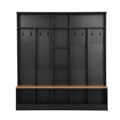 an empty black shelf with hooks on it