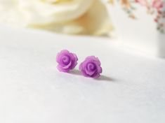 Tiny frosted purple rose stud earrings are that perfect vintage inspired touch to your look. Details:~ This listing is for your choice of ONE pair of rose stud earrings in one of the following purple hues (frosted lilac, violet, frosted light purple, frosted purple, Byzantium purple, or pale thistle)~ Materials: high quality resin and surgical steel ear posts and butterfly clutches~ Flower Diameter: 10mm (less than 1/2 inch)~ Each pair of earrings (or set) comes attached to a branded card and is Alchemy Jewelry, Small Gifts For Friends, Rose Stud Earrings, Birthday Gifts For Best Friend, Shopping Event, Purple Rose, Branded Gifts, Special Cards, Purple Hues