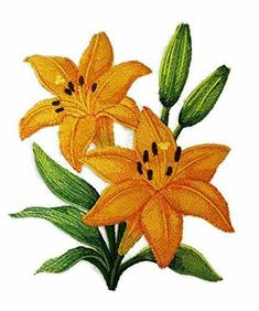 three orange flowers with green leaves on a white background in the shape of an embroidered patch