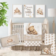 Personalize this adorable teddy bear crib bedding set for your baby boy with his name, creating a charming addition to your nursery, whether it's neutral, moon-themed, or teddy bear-themed. You'll love it! Please see all details for the crib bedding options in the listing photos as well as the descriptions below. 3 Piece Set includes:  Minky Comforter Blanket Crib Sheet Gathered Crib Skirt 4 Piece Set includes: Minky Comforter Blanket Crib Sheet Gathered Crib Skirt Pillow 5 Piece Set includes: M Bear Nursery Boy Cricut, Boys Nursery Bedding Sets, Baby Bear Nursery Artwork, Baby Boy Cot Bedding Sets, Bear Crib Bedding Set, Teddy Bear Bedding, Bear Crib Bedding, Bear Nursery Theme, Floral Nursery Bedding