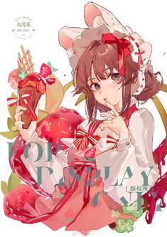 an anime character holding a heart in her hand and wearing a red ribbon around her neck