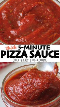 two pictures showing how to make pizza sauce in a glass jar and then using a spoon