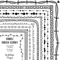 the doodle border clipart set is shown in black and white, with different designs