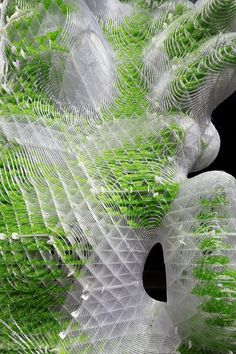 an intricately designed piece of art made out of white mesh and green leaves on black background