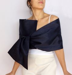 "This smart formal hands-free shawl, shoulder wrap stole is made in double layers with dark navy blue, thin taffeta fabric. Its hands-free, bow design allows it to be used in different smart looks. With its elegant and refined look, it can be worn at any event; weddings, cocktail, reception etc. Rectangular shaped, with dim: 10.8\" x 57.1\" (27.5 x 145 cm) Size: S to M (Suitable for those which upper body's (bust+arms) around length is between 35.4\" up to 50\" (90cm up to 122 cm) The model at t Formal Shawl, Formal Wrap, Dress Topper, Evening Shawls, Chiffon Shawl, Shoulder Wrap, Wedding Wraps, Bride Style, Shawl Wrap