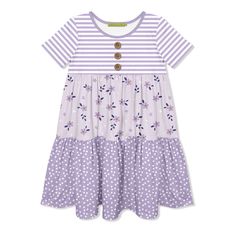 Lilac Stripe Petals Floral Tiered Button-Front Dress Purple Cotton Dress With Buttons, Purple Short Sleeve Dress With Buttons, Purple Spring Dress With Button Closure, Spring Purple Dresses With Button Closure, Spring Purple Dress With Button Closure, Casual Purple Dress With Button Closure, Mixed Print Dress, Love Lily, Knit Machine