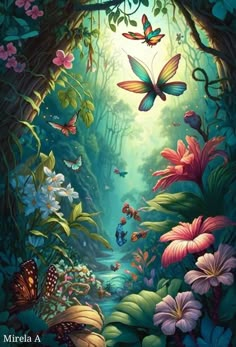 a painting of butterflies flying over a forest