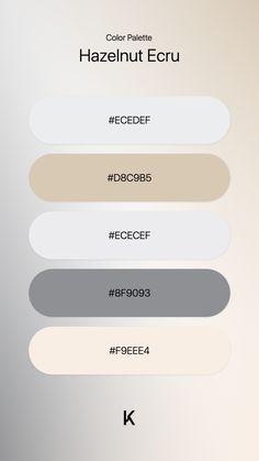 the color palette for hazelnut ecru is shown in shades of beige, grey and white