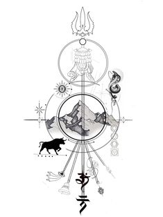 a black and white drawing of a compass with mountains in the background, surrounded by zodiac symbols