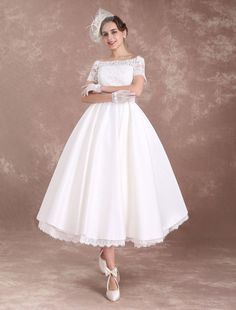 Short Wedding Dresses Vintage Bridal Dress 1950's Bateau Lace Short Sleeve Ivory Bow Sash Tea Length Wedding Reception Dress misshow Wedding Gowns For Short Brides Uk, 1950s Mermaid Wedding Dress, 2nd Christmas Weddi G Dress, Vintage Tea Length Wedding Dress 1950s, Vintage Bridal Dress, Reception Dress Short, Short Wedding Dress Vintage, Wedding Dresses 50s, Reception Bridal Dress