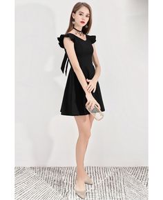 Super Cute Little Black Flare Party Dress With Straps In Back #BLS97009 - GemGrace.com Black Stretch Party Dress, Black Stretch Dresses For Party, Black Fitted Dress For Banquet, Fitted Black Dress For Banquet, Black Sleeveless Mini Dress For Evening, Black Stretch Mini Dress For Party Season, Black Sleeveless Mini Dress For Banquet, Black V-neck Banquet Dress, Summer Stretch Mini Dress For Banquet