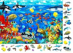 an ocean scene with many different types of animals